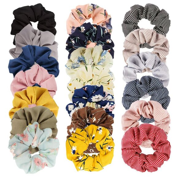 20 Pcs Floral Plaid Solid Color Scrunchies, Scrunchies for Girls Women with Chif - Picture 1 of 7